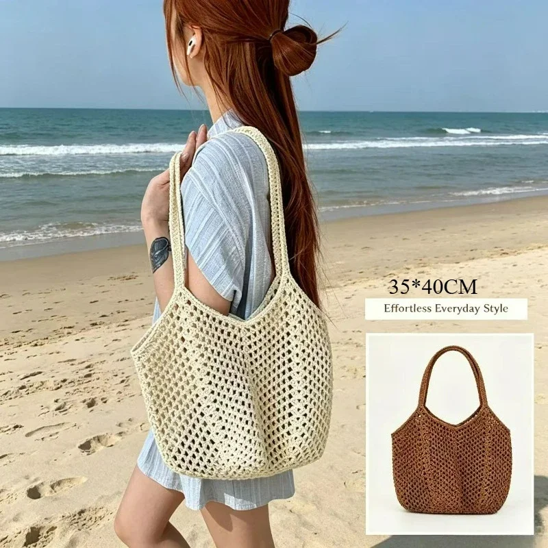 Hollow Straw Tote Large Single Shoulder Straw Handmade Lazy Breathable Beach Vacation Ladies