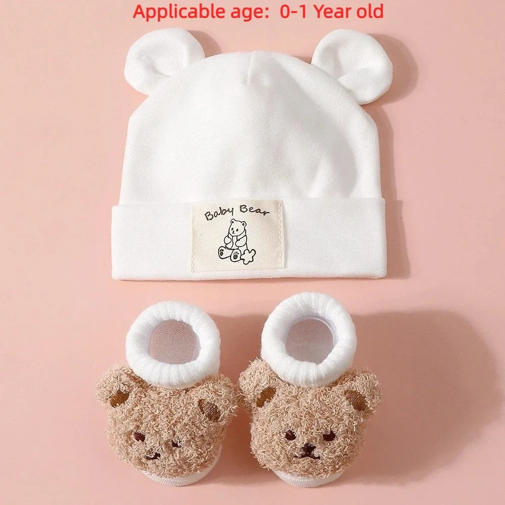 2Pcs/Set Cute Cotton Baby Hat Socks Set Soft Warm Bear Ear Beanie Cartoon Pullover Cap Prewalker Socks Autumn Winter view 6