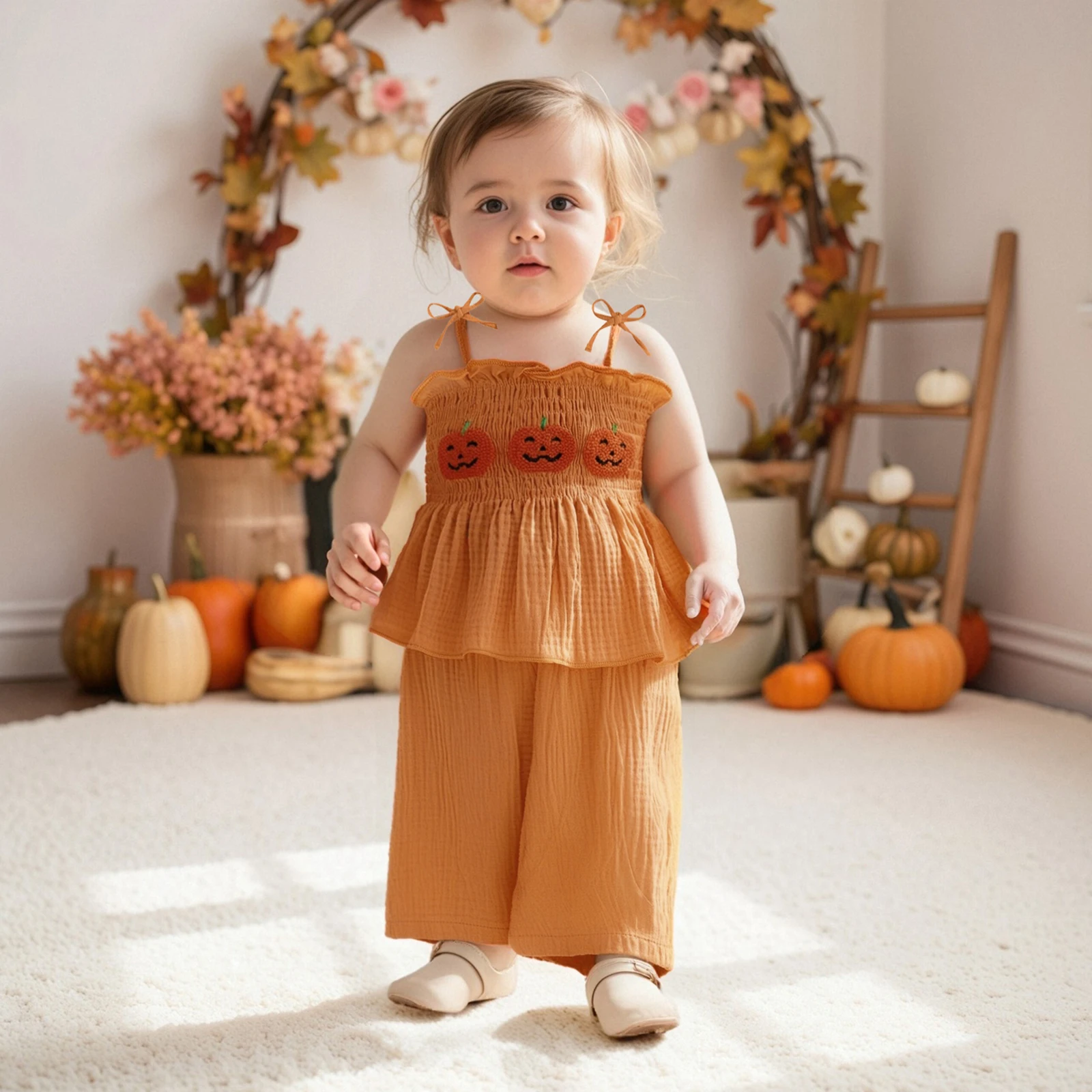 

Halloween Toddler Girl Outfits Pumpkin Smocked Spaghetti Strap Tank Top Dress Gingham Plaid Pants Halloween Clothes