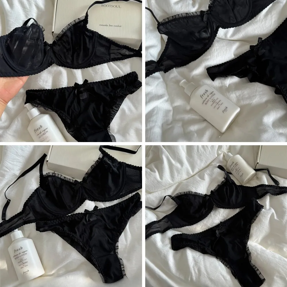 

Black Lace Mesh Lingerie Set, Push Up Underwire Bra for Large Breasts & Panty Set