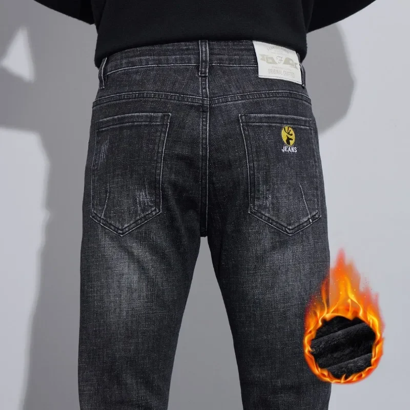 جينز شتوي من الصوف باللونين الأسود والرمادي للرجال مستقيم نحيف قابل للتمدد غير رسمي متعدد الاستخدامات وبسيط سميك أزرق ورمادي #1