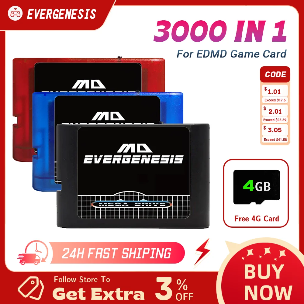 3000 in 1 EDMD Game Cartridges MD V1 Flash Card For MegaDrive II 16bit  US/JP/EU Game Video Console With 4G TF Card