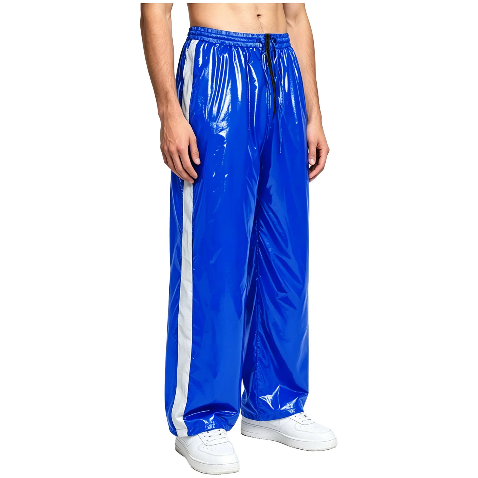

Mens Glossy Sweat Pants Waterproof Zipper Crotch Reflective Stripe Elastic Waistband Straight-leg Trousers for Workout Fitness