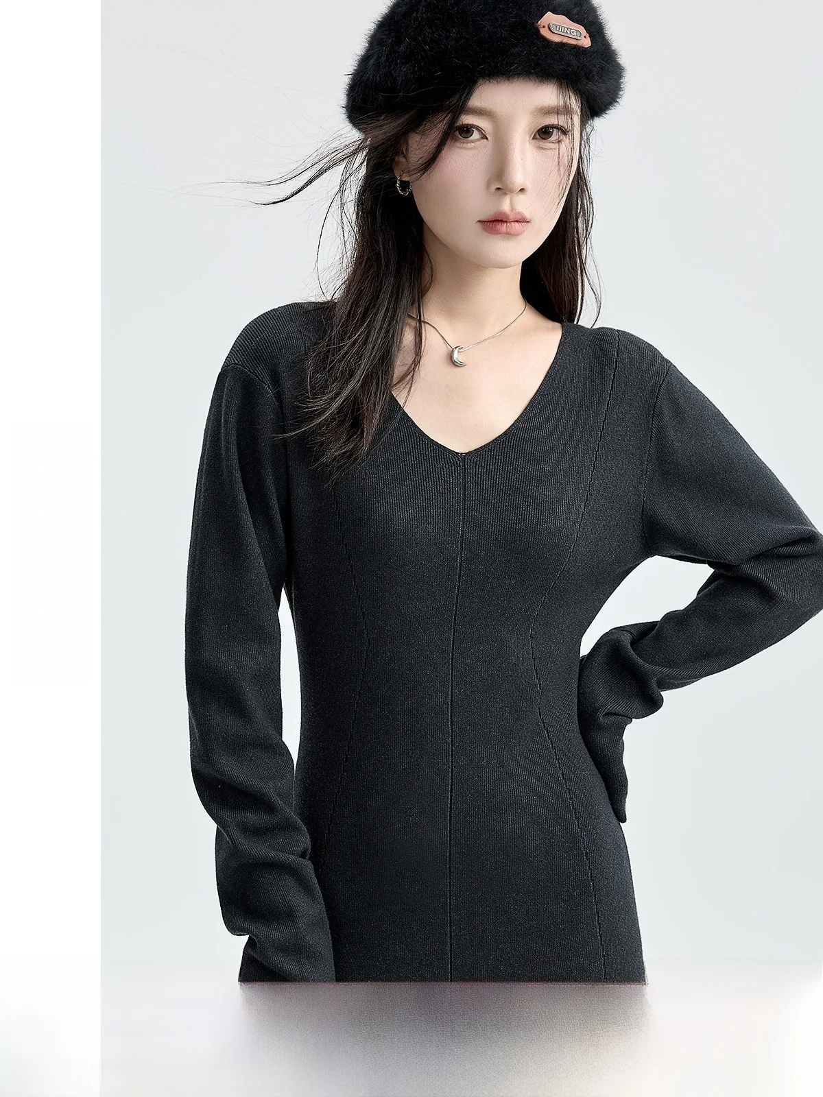 

Guier Knitted Patchwork Dr Women's V-ne Waist-cinching Slimming Base Layer Skirt A-line Casual Long Sve Winter New