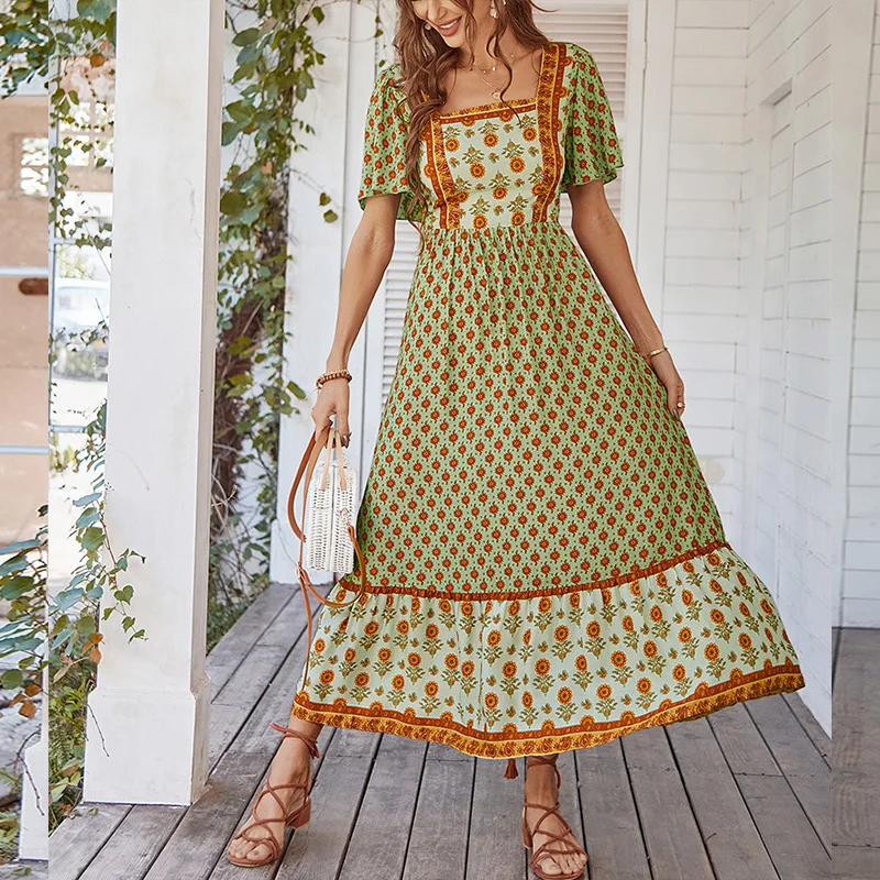 Vintage Boho Floral Damen Sommer Langes Kleid Sexy Quadratischer Kragen Druck Strand Sommerkleid Lässige Urlaub Böhmische Maxikleider