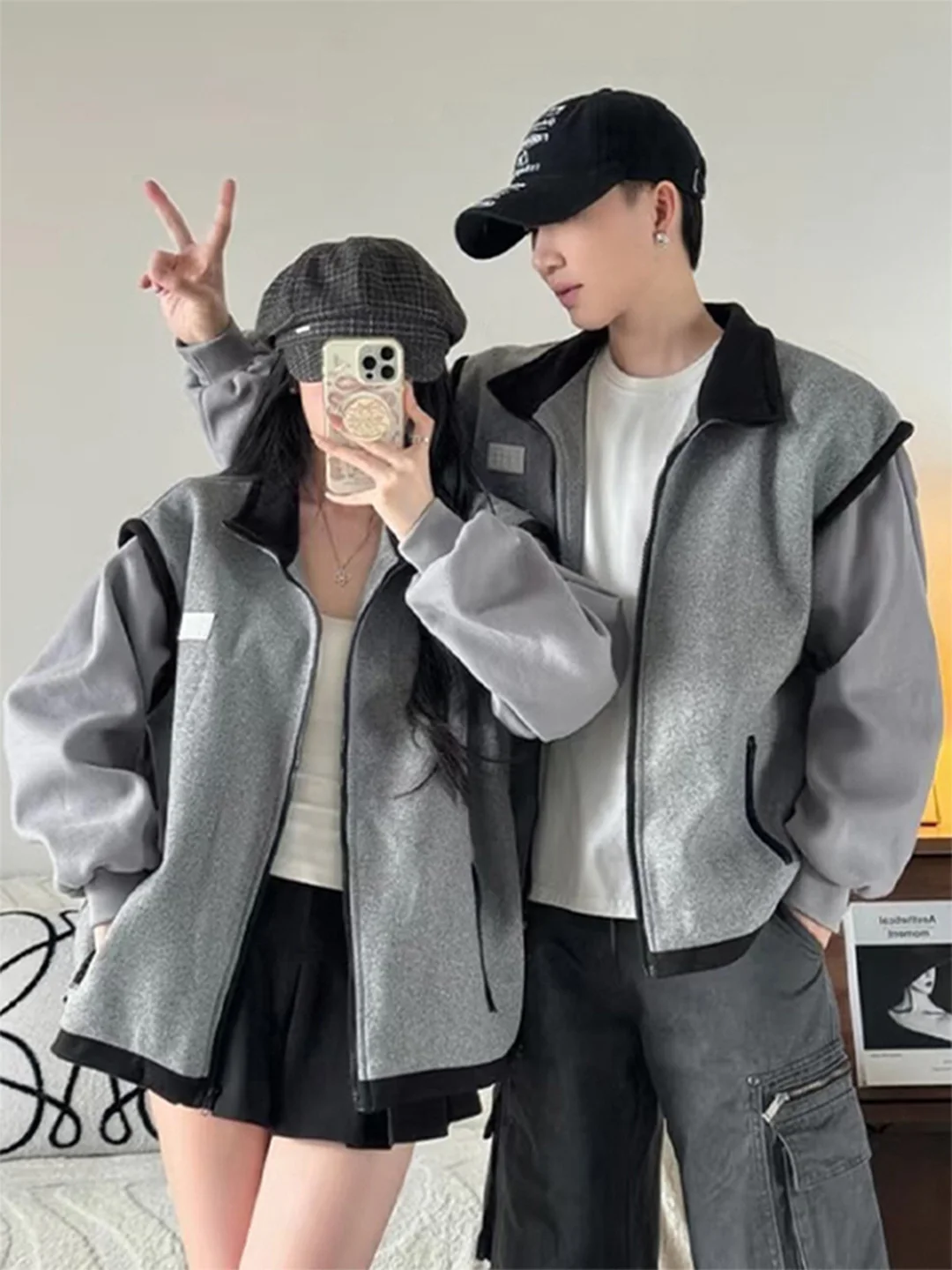 

Men's Thi Woolen Jaet Autumn Winter Stand Collar Faionable Aosphere Couple's Top Trendy Patchwork Design Loose Fit