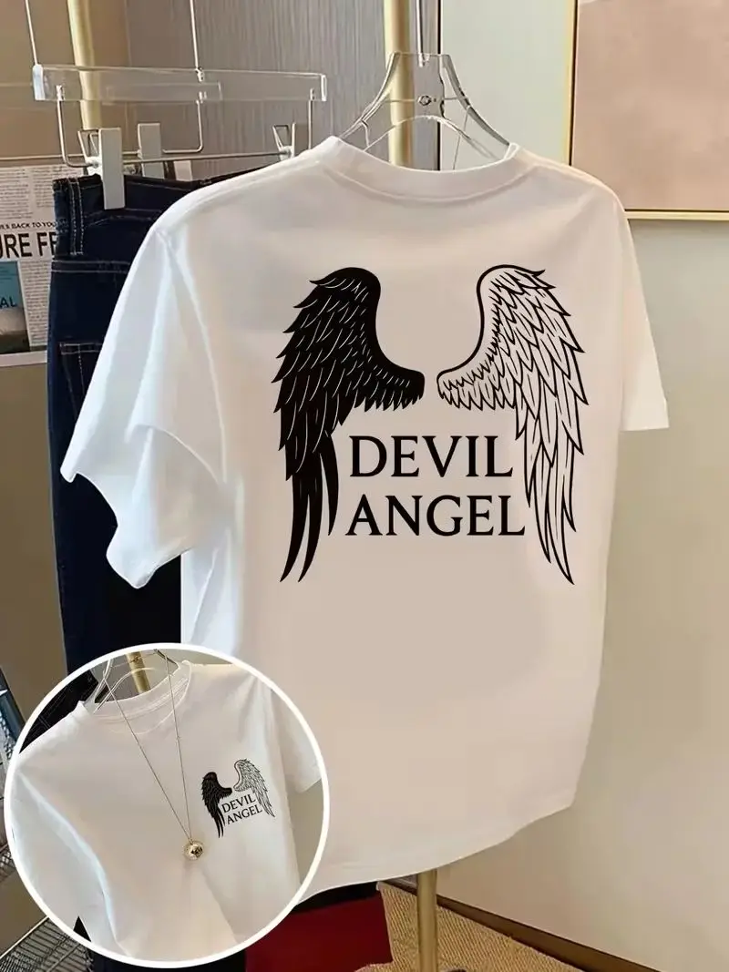Angel Wings Hot-Pressed Print T-Shirt Front & Back Design Tee Casual Crew Neck Short Sleeve Versatile Summer Daily Top Unisex
