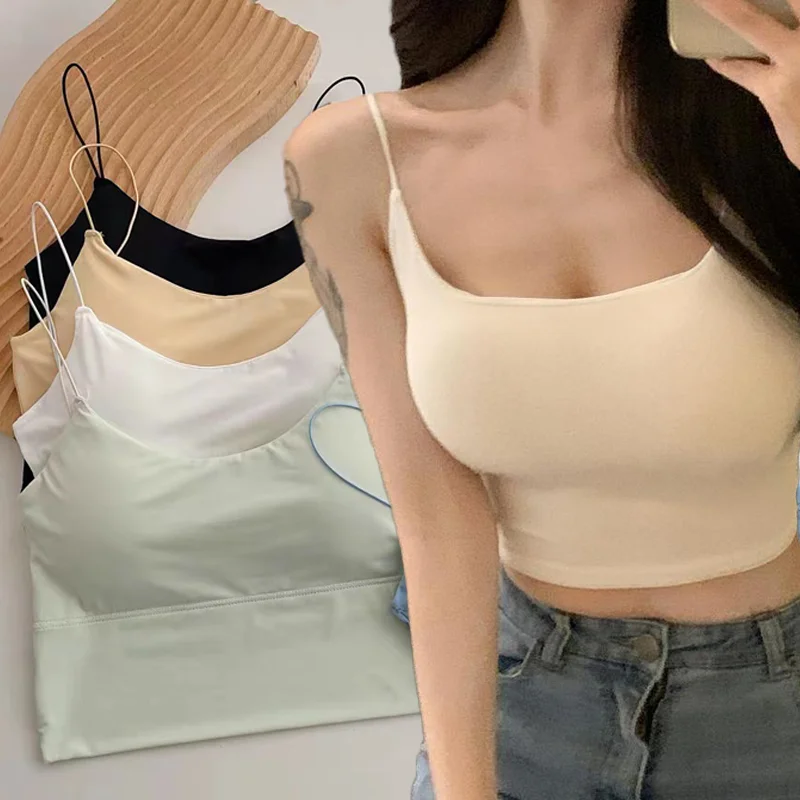 여성용 섹시한 탱크 탑 그릴, 아이스 실크 심리스 백리스 조끼, 튜브 탑 속옷, 패딩 브래지어, 브라렛 캐미솔, 여름 크롭 탑