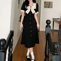 French Style Retro Summer New Waist Retraction Dress Women's Spliced Square Collar Bow Button Solid A-line Short Sleeve Dresses