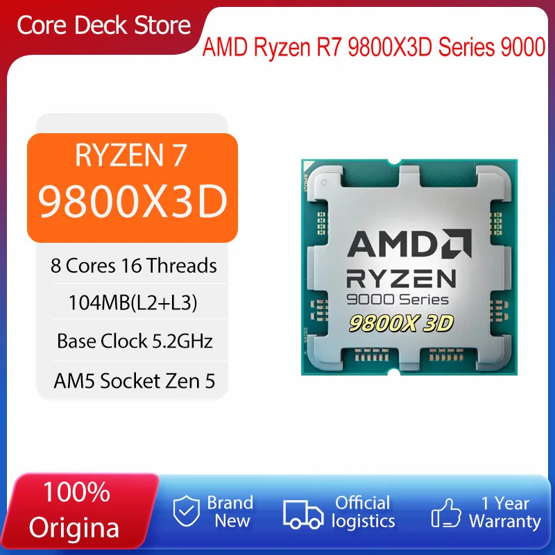 Processeur AMD Ryzen 7 9800X3D 8 cœurs 16 threads 104 Mo de cache de jeu Fréquence d'accélération 9800X3D V-Cache Processeur de jeu 5,2 GHz CPU