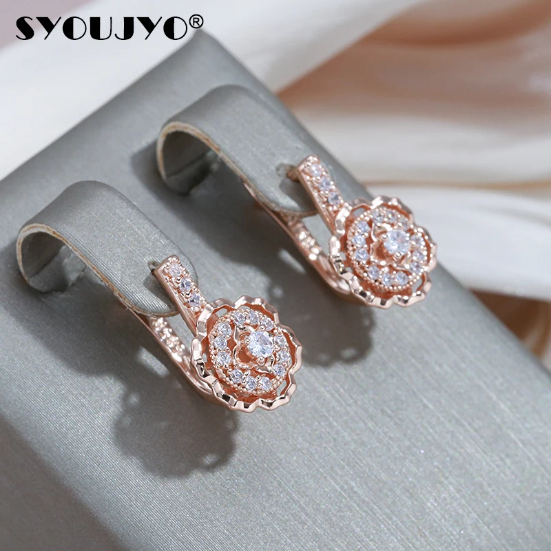 SYOUJYO Crystal Flower Dangle Earrings for Women Glossy 585 Gold Color Sparking Natural Zircon Easy Matching Fine Jewelry