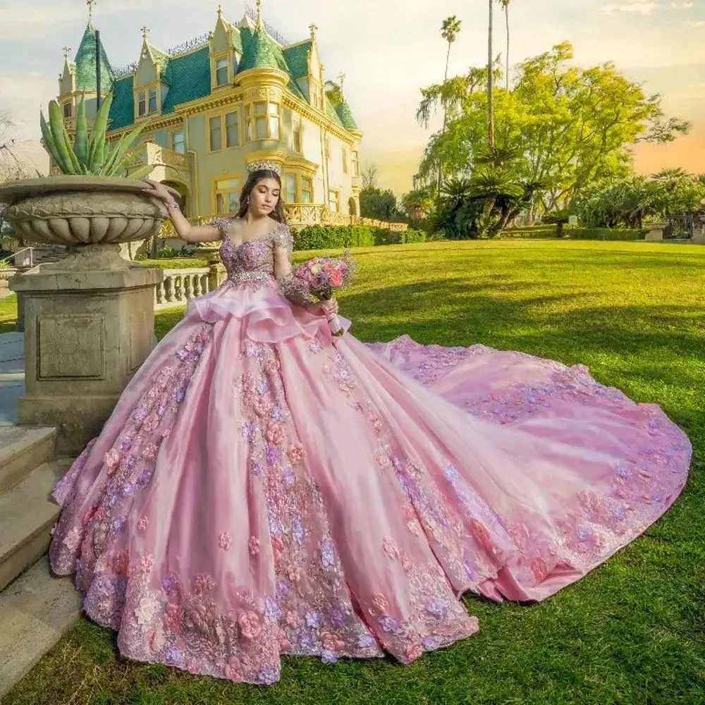 Vestidos de Quinceañera de princesa rosa, vestido de baile de manga larga, apliques de tul, dulce 16, 15 Años, mexicano