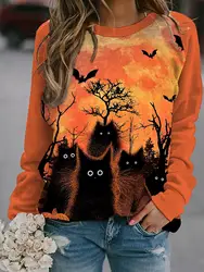 Halloween Women Sweatshirt Designer Round Neck Long Sleeve Loose Casual Fall Fashion Pumpkin Bat Kitten Fun Pattern Print Tops