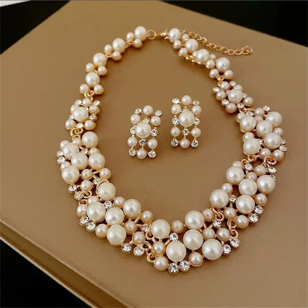 3 Pcs Rhinestone Imitation Pearl Earrings Necklace Set Two-piece Vintage Choker Accessory Light Luxury Jewelry Sets Wedding