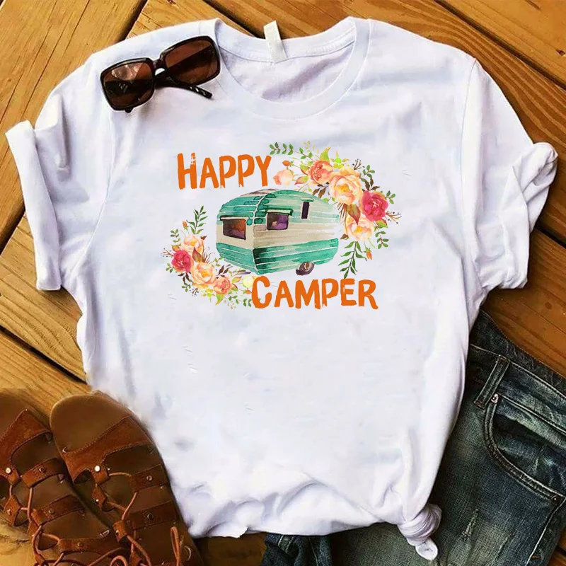 Fashion Women T Plus Size Happy Camper Floral Flower Road Trip Graphic Tee Shirt Femme Top Tshirt Female Ladies Clothes T-shirt