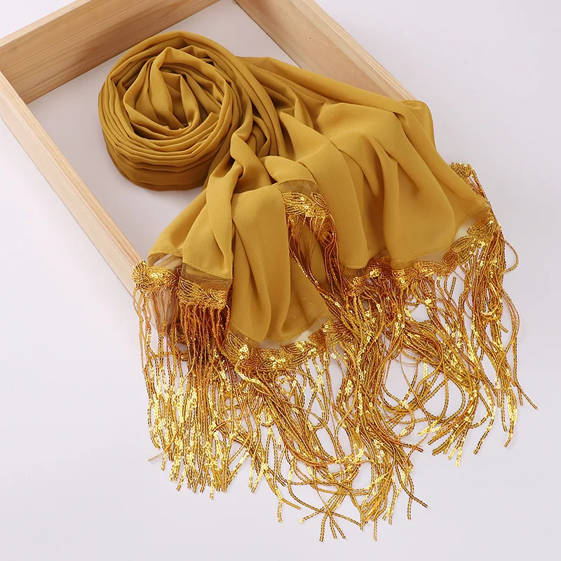 New Sequins Tassel Scarf Arab Muslim Plain Chiffon Hijab Wrap Islamic Shawls Malaysia Long Fringes Headband Women Headwear