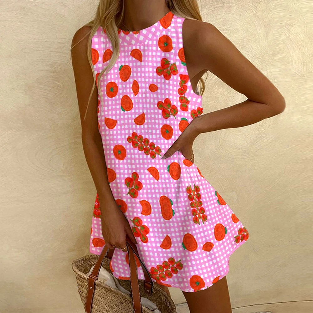 

Sweet Orange Strawberry Prints Pink White Gingham Women's Sleeveless Printed Dress Tomato Casual Chic Playful Checkered Traf