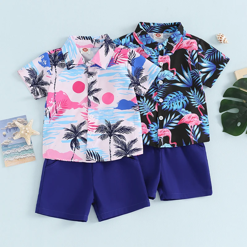 Tregren Toddler Boys Summer Outfits Tree Print Button Short Sleeve Beach Shirt Tops and Elastic Shorts 2pcs Set Vacation Clothes