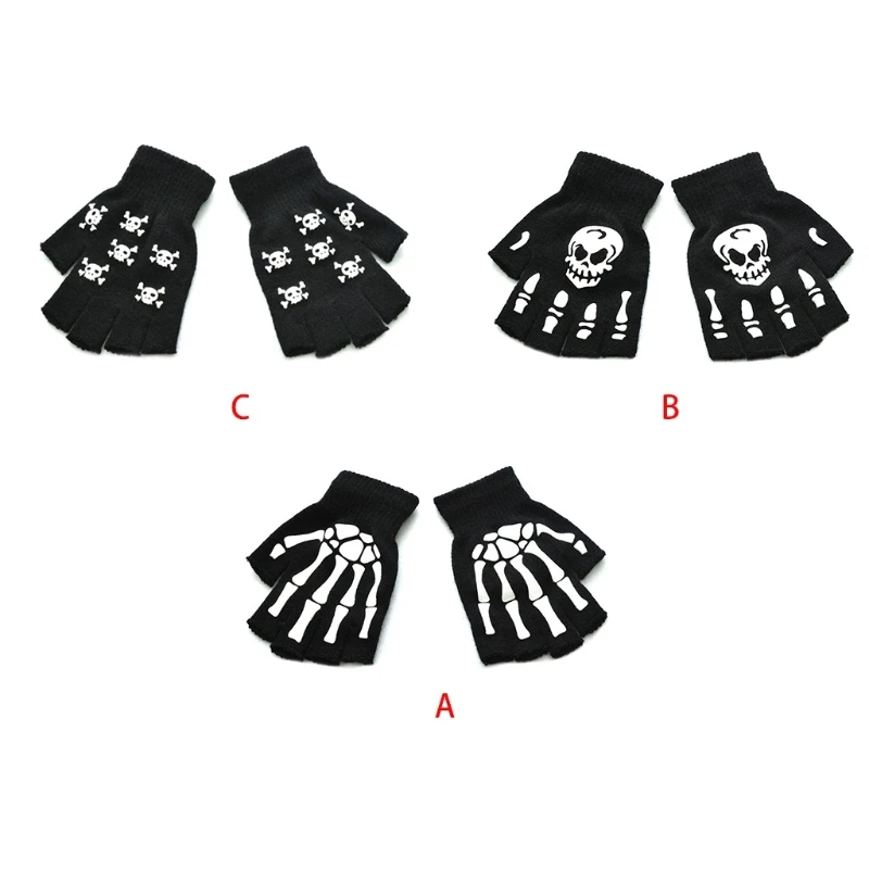 

Luminous Knitted Fingerless Gloves Halloween Winter Motorcycle Skeleton Mittens