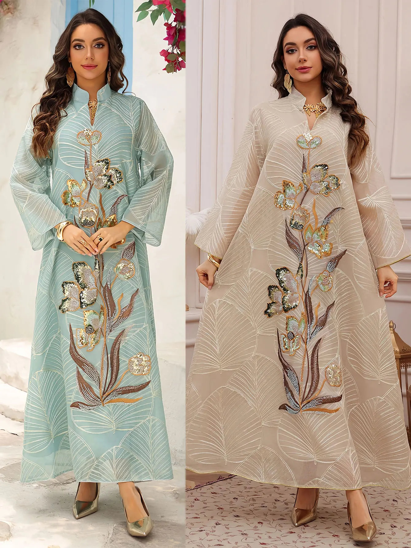 

Muslim Abaya Light Blue Base Exquisite Sequin Embroidery Floral Detailing on Leaf Print Pattern for Dubai Evening Parties Islam