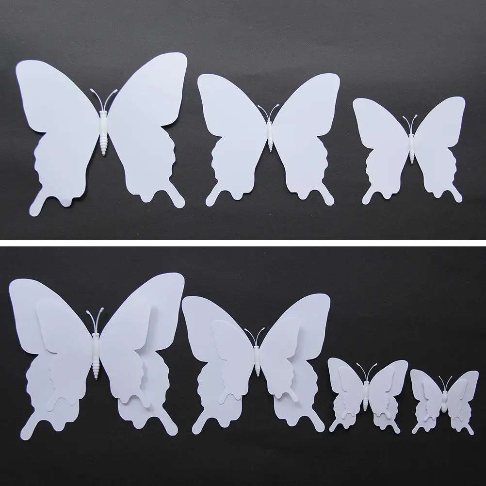 12Pcs White 3D Butterfly Wall Stickers with Magnet Double Wing DIY Decor for Living Room Bedroom Room TV Background 3D Wall