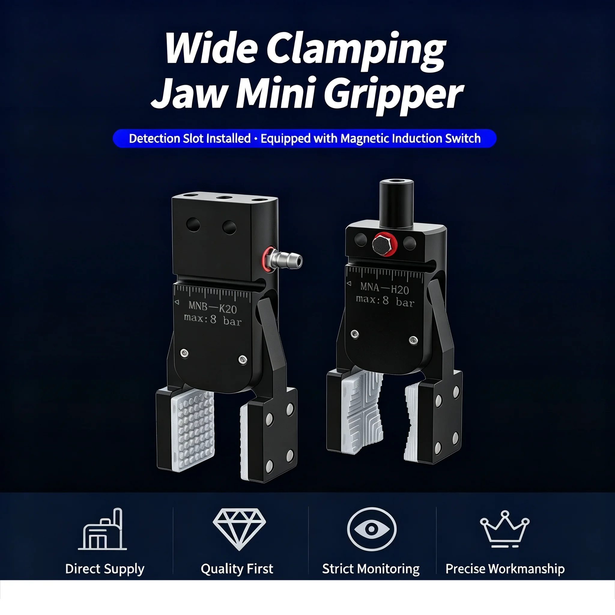 Mini Robot Gripper Clamp Cylinder Robotic Pneumatic with Sensor Flat Patch Wide Open Grab Air for Automation
