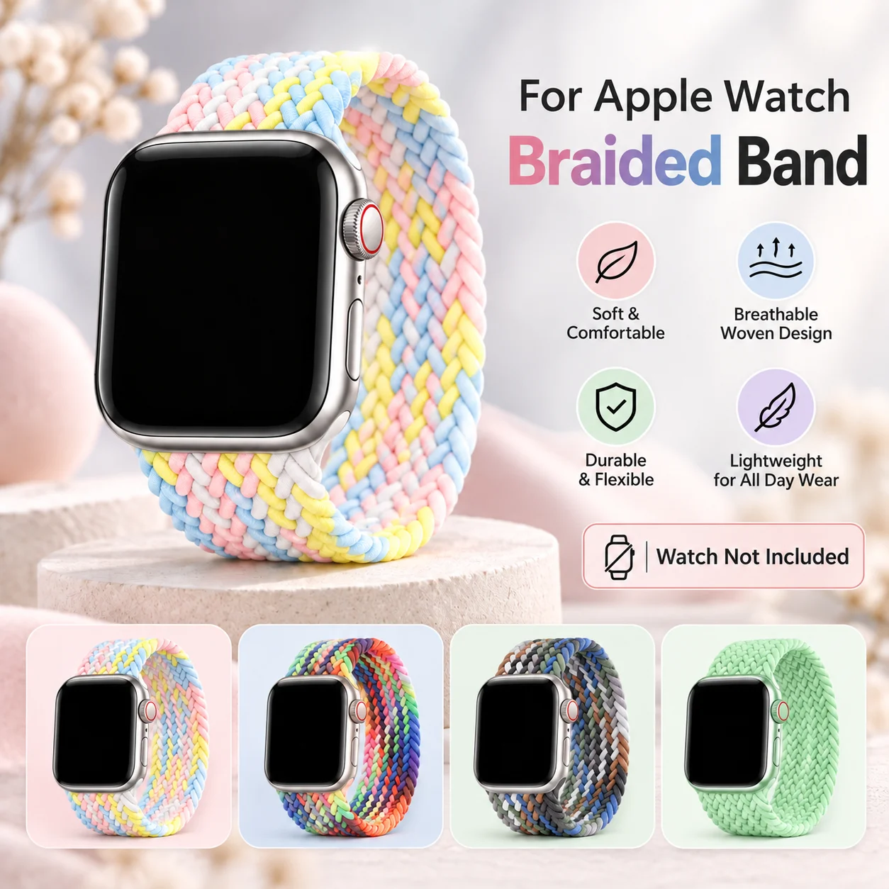 For Apple Watch ultra 4 3 2 Band Braided solo loop series 12 11 10 9 8 7 SE stretchable Strap for iWatch Pes Bracelet Nylon