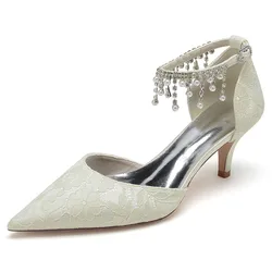 Lace Pearls Low Heel Wedding Shoes for Bride Pointed Toe Ankle Buckle Strap Bridal Heels Formal Party Heeled Pumps