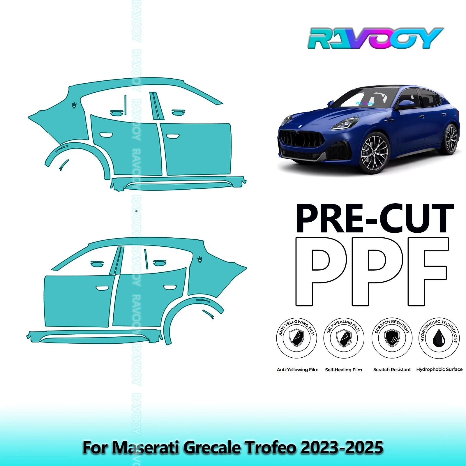 

For Maserati Grecale Trofeo 2023-2025 8.5mil Clear Matte Pre-Cut PPF Door & A/B Pillar Kit TPU Paint Protection Film Set