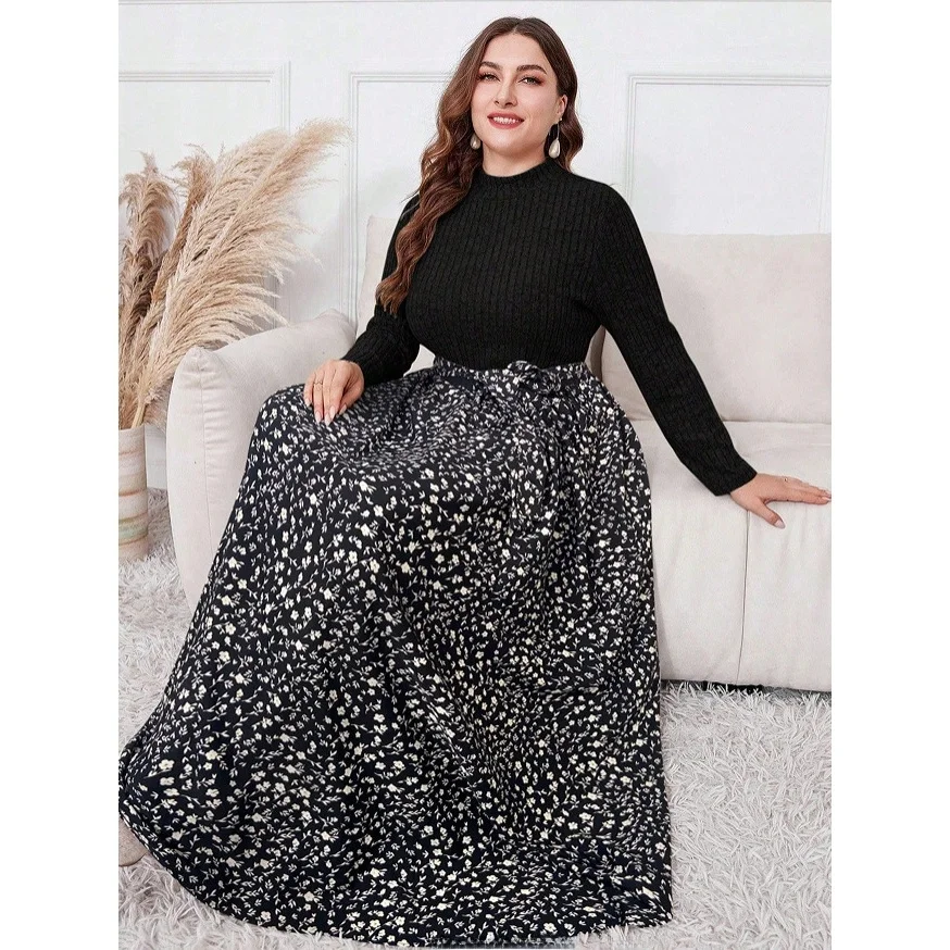 Casual Fashionable Long Sleeve Floral Print Pleated Slim Fit Fake Two Piece Dress Women's Polyester Blend Casual Wear