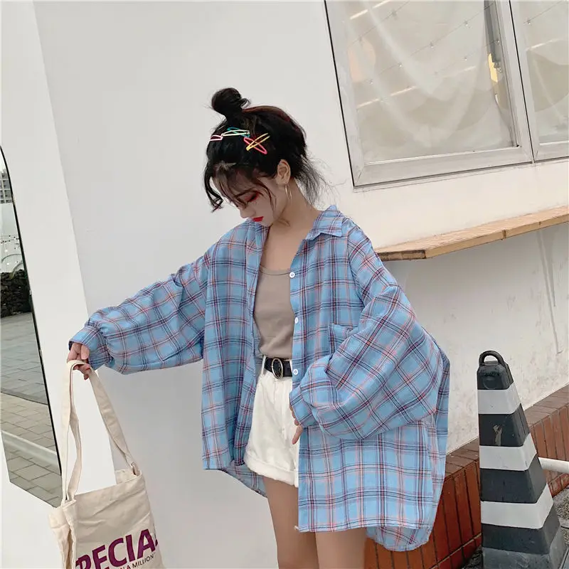 Women Shirts Long Sleeve Spring Turn-down Collar Plaid Korean Style Sunproof Chic Girls Outerwear All-match Loose Breathable