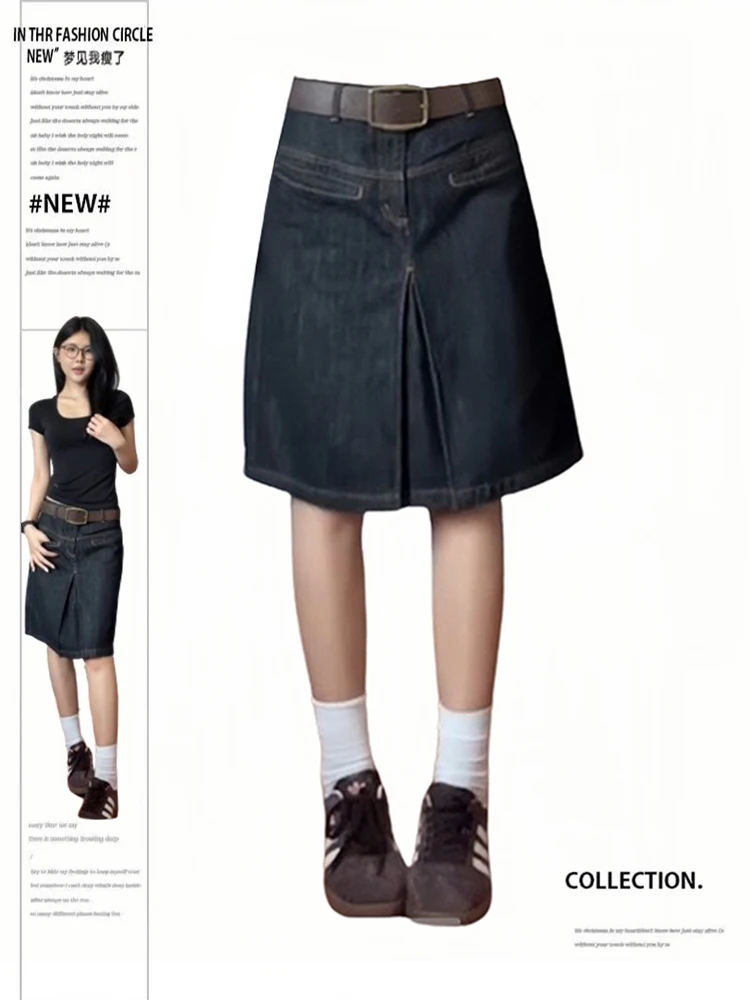 

Summer Women Korean Vintage Preppy Style Japanese Y2k Midi Denim Skirts 2000s Aesthetic Grunge E-girl Goth Harajuku Fashion New