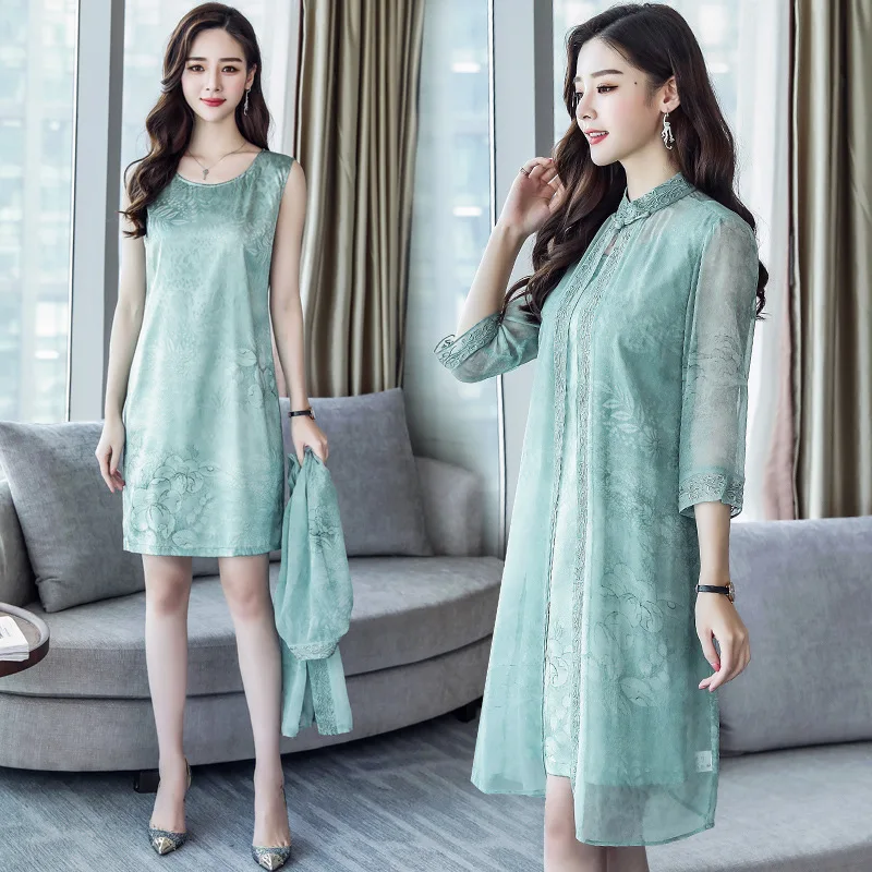 8801 Embroidery Silk Two-Piece Set Dress