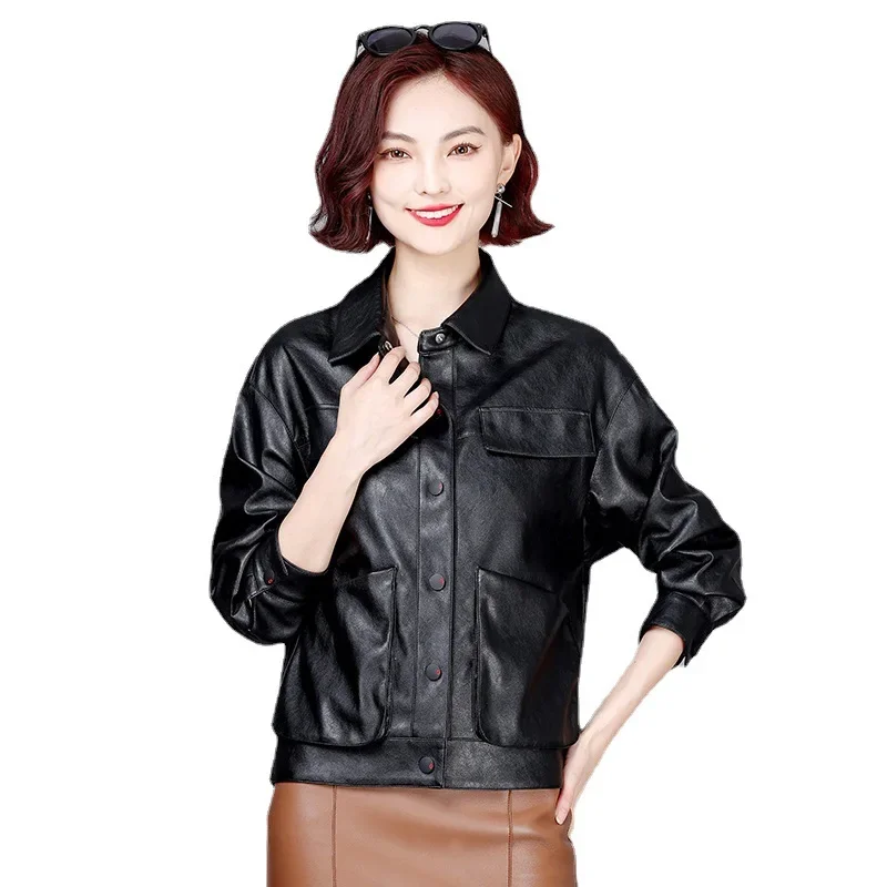 Autumn Winter Womens Leather Jacket 2023 Short Lapel Leather Jackets for Women Fashion Korean Loose Coat Single Breasted Jaqueta