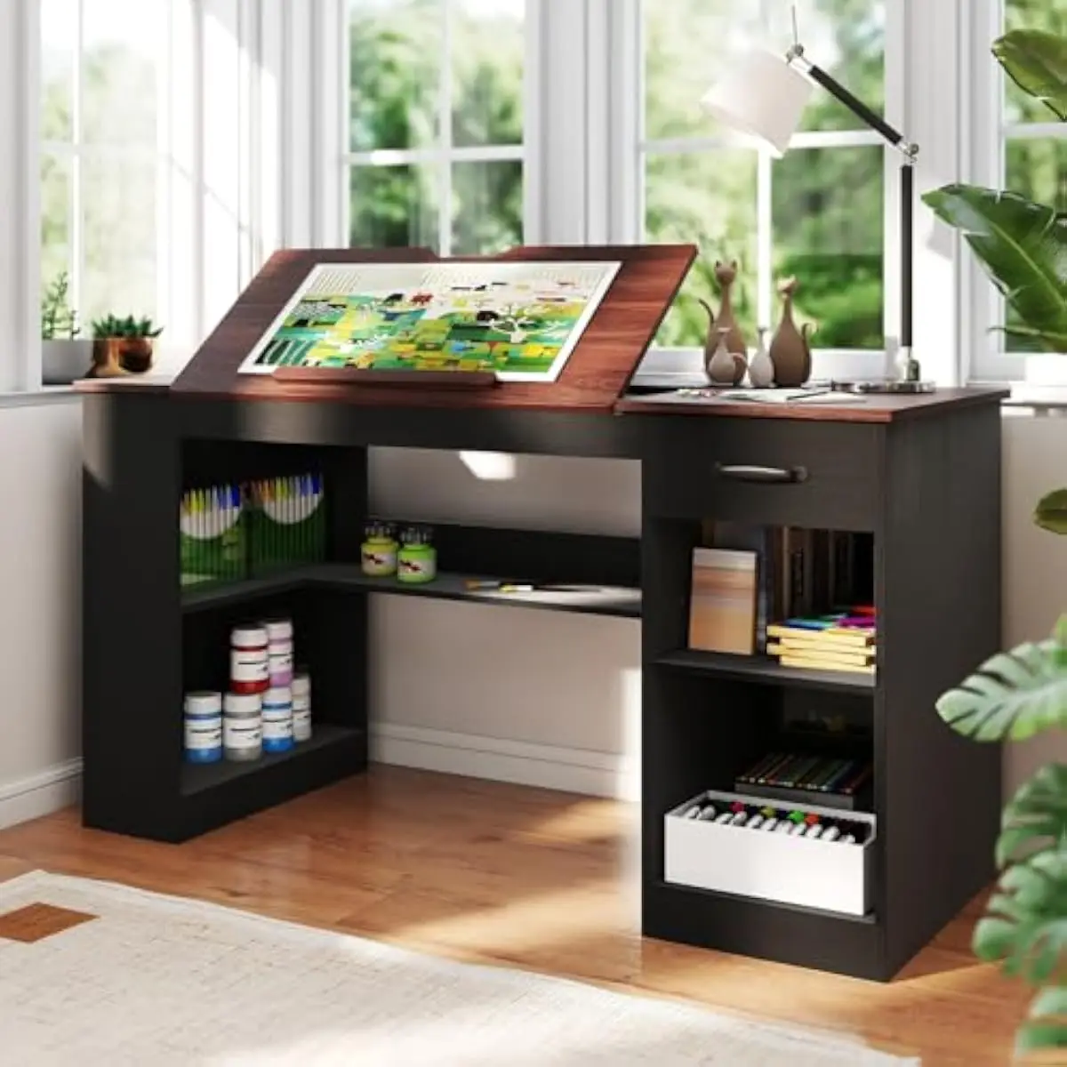 55.1 inch multifunctional tilting drafting station with wood grain engineered wood top, 0°–80° adjustable desktop, concealed sto