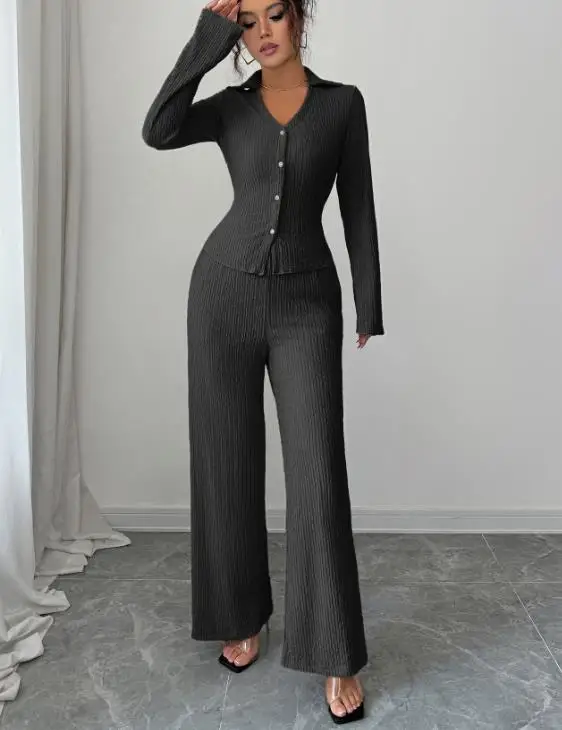 2025 Autunno/Inverno nuova moda donna elegante camicia con bottoni pantaloni a gamba larga set abbigliamento da donna