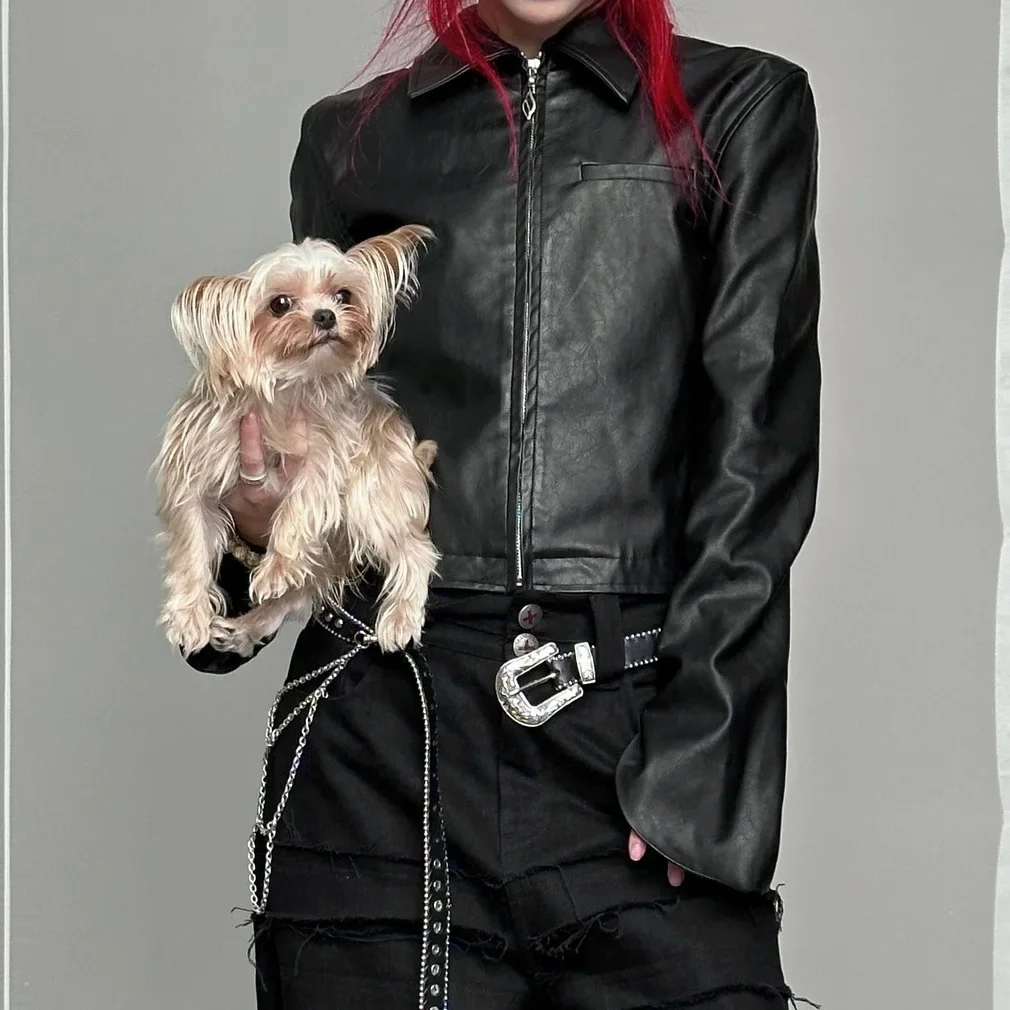 Heavy Industry Printed Piece Contrast Splicing Horn Sleeve Leather Jacket Slim Design Coat winter clothes women harajuku coats