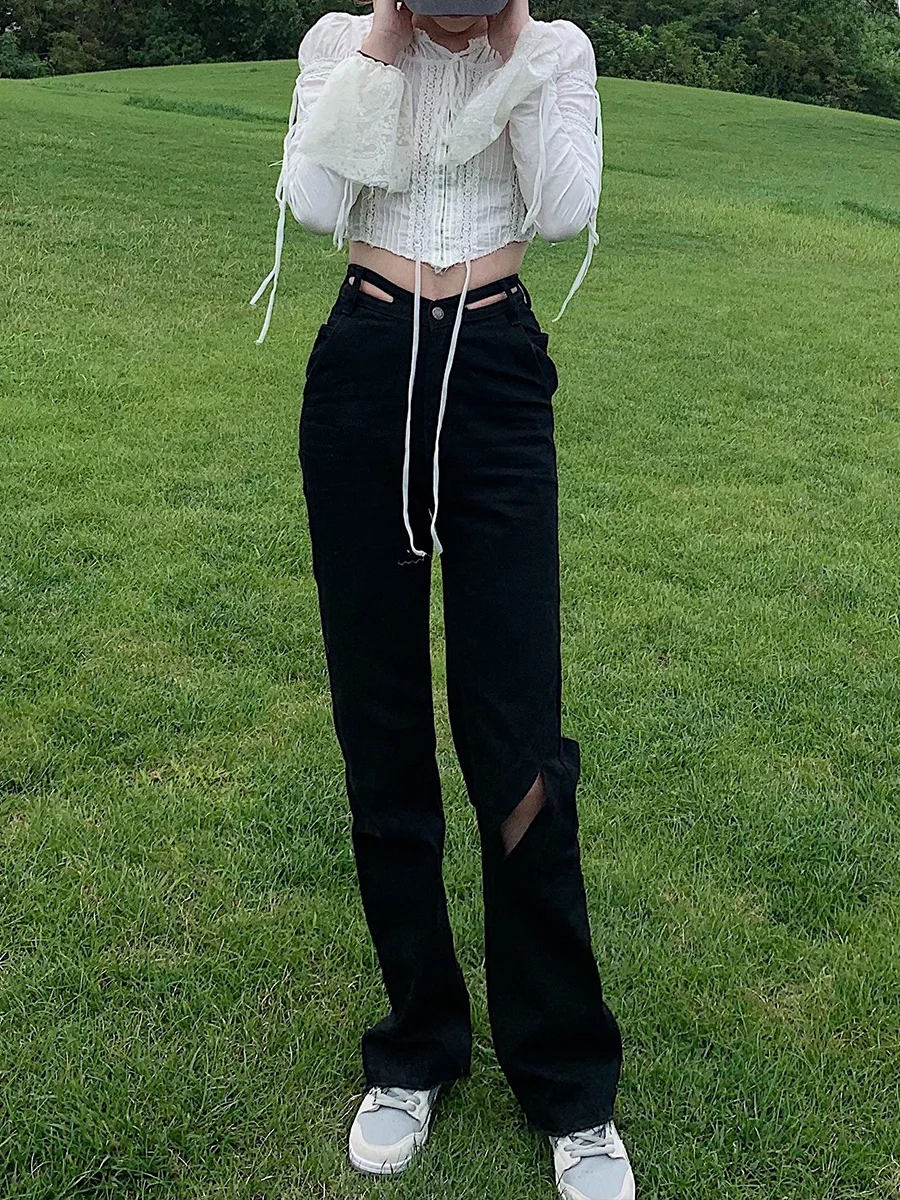

High Waist Black Denim Wide Leg Pants Amor Slimming Leg Lengthening Cut out Hole Sexy Girl Jeans Autumn Straight Cut Regular ...