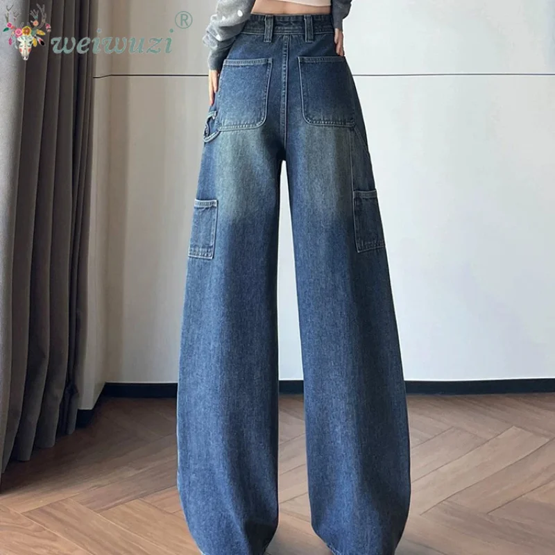 Women Vintage Cargo Curved Wide Leg Jeans Multi‑Pocket Design Washed Faded Denim Pants Loose Baggy Streetwear Long Trousers