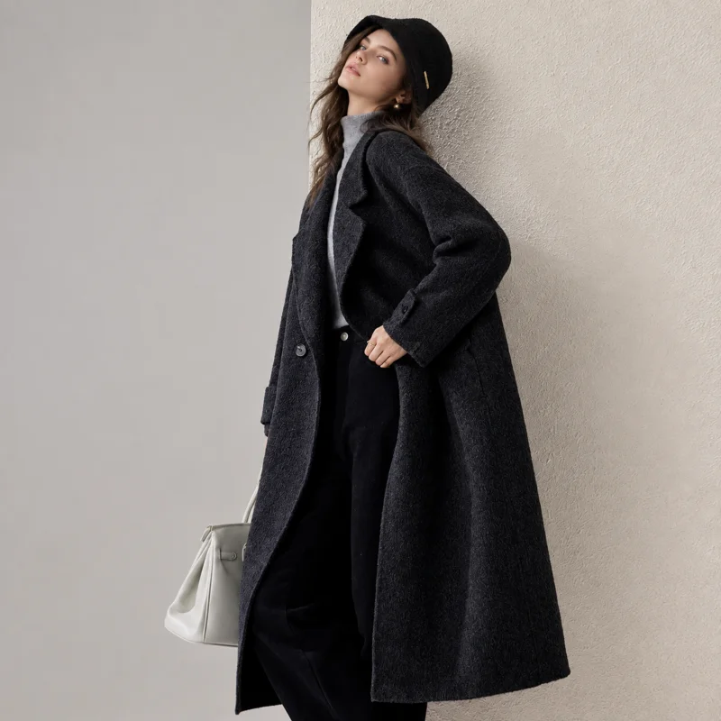 Women's Notched Lapel Double Breasted Maxi Coat, Cuffed Sleeve Oversized Loose Fit Winter Outerwear
