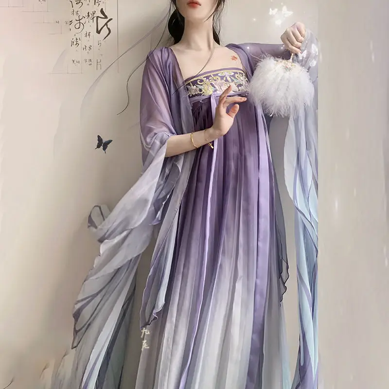 Robe Hanfu chinoise de la dynastie Tang pour femmes adultes, jupe de prairie violette, littérature de palais, ensemble imprimé à grandes manches Hanfu