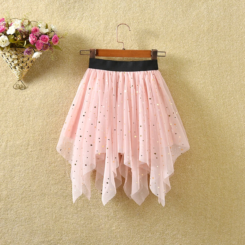 Girls Irregular Veil Latin Skirt Sequin Stars Latin Dance Clothes Flamengo Dress Kids Summer Wear