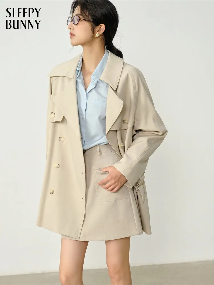 

British Style Trench Coat Women Short Double Breasted Jacket Elegant Lapel Waist Outerwear Chic Office Casual Commuter Overcoat