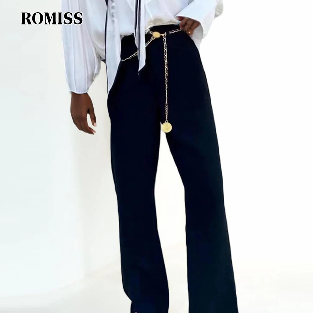 ROMISS-Calça Dividida Sólida de Retalhos Feminina, Cintura Alta, Bolso Emendado, Temperamento Calças Pernas Largas, Moda Feminina