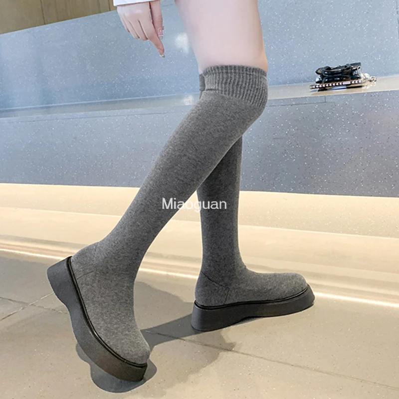 2023 Winter Autumn Women\'s Platform Over The Knee Boots Ladies Stretch Knitted Socks Long Boots Slip on Thick Bottom Shoes Woman