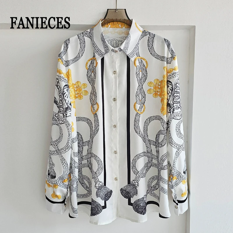 S-4XL Women Satin Shirt Summer Long Sleeve Lapel Button-up Silk Blouses Luxury Print Designer Shirt Casual Tops Blusas рубашка