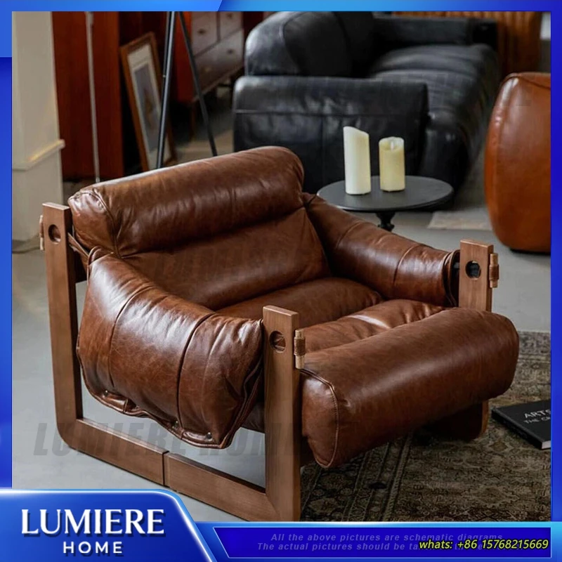 

Single Sofa Chair Jersey Style Living Room Mid Century Leather Armchair Lounge Chair Solid Wood Vintage Recliner Relaxing