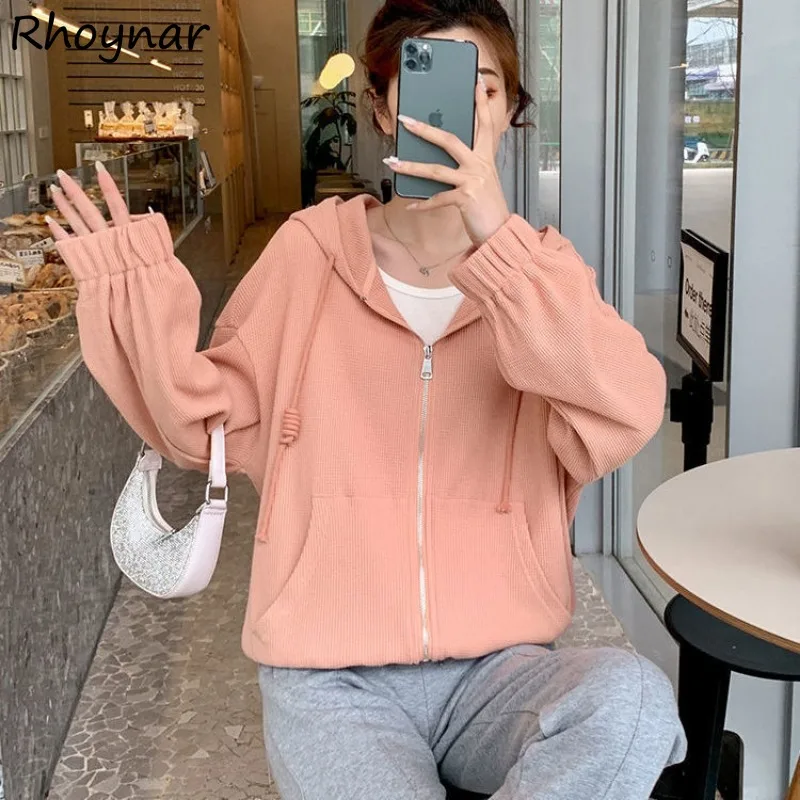 Jackets Women Autumn Female Hooded Baggy Zippers Solid Simple All-match Slimming Korean Style Streetwear Minimalist Prevalent