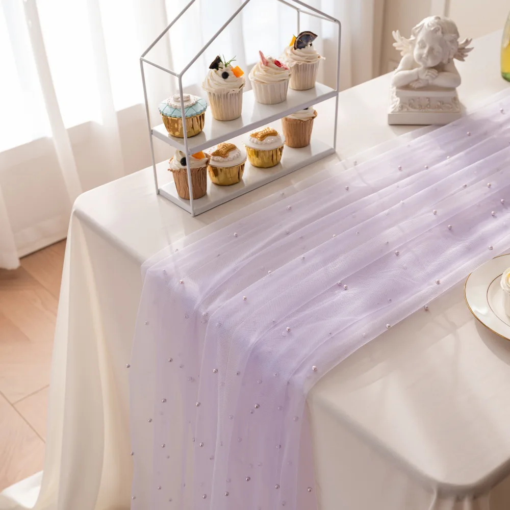 

Table Decoration White Pearl Tulle Table Runner Wedding Arch Sheer Drapes for Party Baby Shower Birthday Backdrop DIY Design