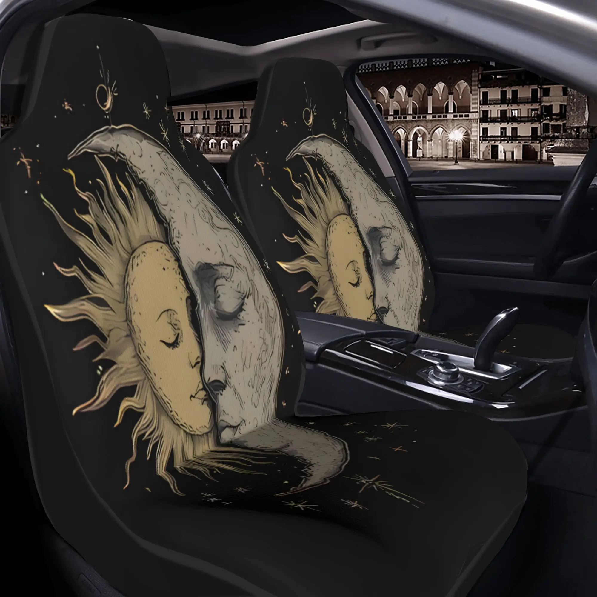 Set Of 2 Celestial Embrace: Sun And Moon Outline With Stars In The Night Sky. Car Seat Covers That Fit For All Types Of Vehicles